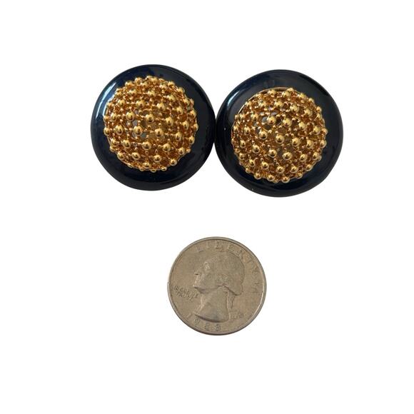 CINER Blue Enamel Gold Plate Dot Weave Dome Clip-On Earrings Vintage Classic - Picture 7 of 8